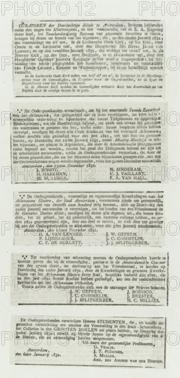 Newspaper clippings about the second centenary of the Athenaeum Illustre in Amsterdam, 1832, text sheet, newspaper clipping, Folded sheet on which a total of eight newspaper clippings are pasted, all relating to the celebration in January 1832 of the second centenary (1632-1832) of the Athenaeum Illustre in Amsterdam., printer (person), Amsterdam, paper, letterpress printing, text in letterpress, height 330 mm x width 205 mm, Person, Athenaeum Illustre, Period, 1632, 1832-01, A vertical sheet with multiple rectangular blocks of printed text arranged in a single column, each block separated by thin blank margins; the top block is a wide bordered rectangle with tightly set serif text filling the area, followed by several similarly styled rectangular notices of varying heights stacked below, each containing dense serif type and occasional short lines of centered names near the bottom of those blocks; the paper shows an off-white, slightly aged background with faint uneven discoloration an...