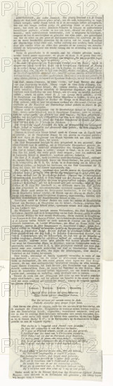 Newspaper clippings about the second centenary of the Athenaeum Illustre in Amsterdam, 1832, text sheet, newspaper clipping, Folded sheet on which a total of three newspaper clippings are pasted, all relating to the celebration in January 1832 of the second centenary (1632-1832) of the Athenaeum Illustre in Amsterdam., printer (person), Amsterdam, paper, letterpress printing, text in letterpress, height 330 mm x width 205 mm, Person, Athenaeum Illustre, Period, 1632, 1832-01, A tall, narrow page filled with dense, columned printed text that runs from near the top to the bottom edge, with the paper showing a pale, slightly yellowed tone and faint signs of wear; margins surround the text block, and there are occasional darker spots and smudges on the paper surface; near the bottom, faint circular impressions are visible overlapping the text, and the baseline of the page shows slight unevenness.