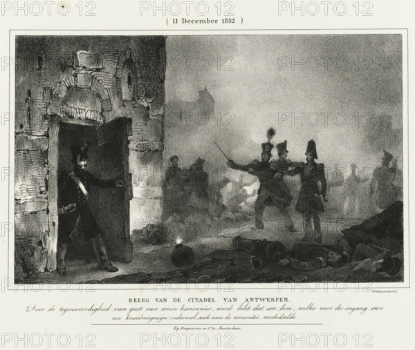 Siege of the Citadel of Antwerp, (11 December 1832.), Four plates of the defense of the Citadel 10-18 December 1832, print, A gunner prevents a bomb from reaching the powder magazine, 11 December 1832. Part of a series of four plates of the Dutch defense during the siege of the Citadel of Antwerp by the French army, December 1832., : 'Filed', printmaker: Johannes Steyn, Netherlands, printer (person): Desguerrois & Co., Amsterdam, 1832 - 1833, printer (person), paper, lithography, height 255 mm x width 355 mm, bombardment, siege, fortress, Battle for the Citadel of Antwerp (1832), Antwerp, Citadel of Antwerp (19th century), Period, 1832-12-11, A dark monochrome scene shows a stone doorway with an arched carved surround on the left where a uniformed soldier stands inside the opening wearing a tall hat and a sash, one arm extended. In the foreground and center there are scattered cannon barrels and round explosive shells, one emitting light or smoke. Near the center three uniformed figure...
