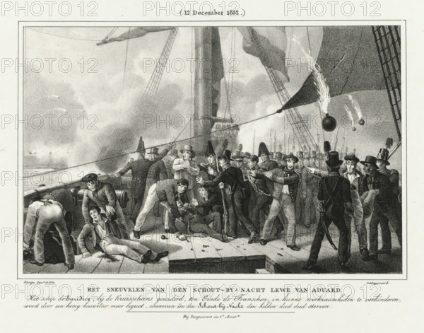 The death of Rear Admiral Lewe van Aduard, (12 December 1832.), Four plates of the defense of the Citadel 10-18 December 1832, print, Rear Admiral Jan Evert Lewe van Aduard is killed on board the ship Euridice at the Kruisschans on the Scheldt during a French bombardment, 12 December 1832. Part of a series of four plates of the Dutch defense during the siege of the Citadel of Antwerp by the French army, December 1832., : 'Registered', printmaker: Johannes Steyn, Netherlands, printer (person): Desguerrois & Co., Amsterdam, 1832 - 1833, printer (person), paper, lithography, lithografie, height 262 mm x width 353 mm, Person, Jan Evert Lewe van Aduard, bombardment, Battle for the Citadel of Antwerp (1832), Antwerp, Scheldt, Citadel of Antwerp (19th century), Period, 1832-12-12, A black and white engraving of a crowded ship deck showing many men in period clothing and naval uniforms clustered together with varied postures and expressions; some men are standing and pointing, others are bendi...