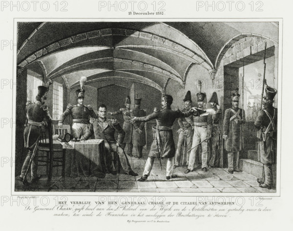 General Chassé's stay at the Citadel of Antwerp, (18 December 1832.), Four plates of the defense of the Citadel 10-18 December 1832, print, General Chassé in his bunker in the Citadel orders Lieutenant Colonel Van der Wijck to keep the French under artillery fire, 18 December 1832. Part of a series of four plates of the Dutch defense during the siege of the Citadel of Antwerp by the French army, December 1832., : 'Filed', printmaker: Johannes Steyn, Netherlands, after design by Johannes Steyn, printer (person): Desguerrois & Co., Amsterdam, 1832 - 1833, Johannes Steyn, Desguerrois & Co., printmaker, after design by, printer (person), paper, lithography, lithografie, height 244 mm x width 333 mm, Person, David Hendrik Baron Chassé, fortifications, military engineering, Battle for the Citadel of Antwerp (1832), Antwerp, Citadel of Antwerp (19th century), Period, 1832-12-18, A detailed monochrome engraving shows an interior stone vaulted hall with ribbed arches and tiled floor, filled wit...