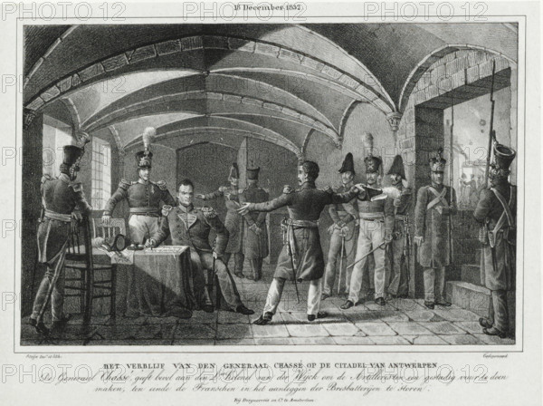 General Chassé's stay at the Citadel of Antwerp, December 18, 1832, Four plates of the defense of the Citadel December 10-18, print, General Chassé in his bunker in the Citadel orders Lieutenant Colonel Van der Wijck to keep the French under artillery fire, 1832. Part of a series of four plates of the Dutch defense during the siege of the Citadel of Antwerp by the French army, December 1832., : 'Filed', printmaker: Johannes Steyn, Netherlands, after design by Johannes Steyn, printer (person): Desguerrois & Co., Amsterdam, 1832 - 1833, Johannes Steyn, Desguerrois & Co., printmaker, after design by, printer (person), paper, chine collé, lithography, lithografie, height 257 mm x width 354 mm, Person, David Hendrik Baron Chassé, fortifications, military engineering, Battle for the Citadel of Antwerp (1832), Antwerp, Citadel of Antwerp (19th century), Period, 1832-12-18, A black and white engraving shows a vaulted stone interior with ribbed arches and a tiled floor, populated by uniformed s...