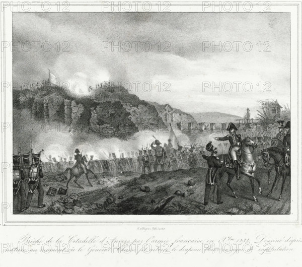 Bridge of the Citadel of Antwerp, by the French army, on December 1832. Drawn from nature at the moment General Chassé hoisted the white flag as a sign of capitulation, Surrender of the Citadel of Antwerp, 1832, print, General Chassé hoists a white flag as a sign of the capitulation of the Citadel of Antwerp on December 23, 1832. In the foreground the besieging French troops., printmaker, publisher, Brussels, Belgium, paper, lithography, height 236 mm x width 305 mm, Person, David Hendrik baron Chassé, surrender, war, capitulation, Battle for the Citadel of Antwerp (1832), Antwerp, Citadel of Antwerp (19th century), Period, 1832-12-23, A monochrome engraving shows a battlefield scene with dense smoke and explosions along a rocky hillside under a cloudy sky, soldiers in uniform forming lines and firing toward the hill, and groups of figures clustered near cannon fire; in the foreground an officer on horseback gestures while another kneels before him holding a hat, nearby other officers ...