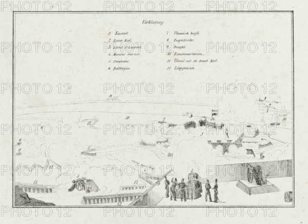 Key to the print of the siege of the Citadel of Antwerp, December 1832, print, Key or explanation of the representation of the print of the bombardment of the Citadel of Antwerp, December 20-23, 1832. Legend 1-12 at the top., printmaker, publisher, Netherlands, paper, lithography, height 185 mm x width 230 mm, bombardment, siege, firearms (with NAME), Battle for the Citadel of Antwerp (1832), Antwerp, Citadel of Antwerp (19th century), Period, 1832-12-20 - 1832-12-23, A rectangular illustration with a thin double-lined border shows a coastal scene rendered in fine ink lines and light shading, with barges and small sailing vessels near a distant shore, clusters of low buildings and fortifications, and scattered billows of smoke rising across the landscape; in the foreground a group of uniformed figures stand near artillery pieces and wooden structures, including a wheeled cannon on a raised platform and a covered emplacement, while low walls, zigzag earthworks, and docks extend along th...