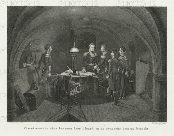 General Gérard visits General Chassé in the Citadel of Antwerp, 1832, Chassé is visited in his casemate by Gérard and the French Princes, print, The French General Gérard visits General Chassé in his quarters in the Citadel of Antwerp on December 24, after the surrender of the citadel., printmaker: Walraad Nieuwhoff, Netherlands, after drawing by Haatje Pieters Oosterhuis, 1833 - 1834, paper, etching, engraving, height 238 mm x width 286 mm, Used as illustration in: Nicolaas Godfried van Kampen, Gedenkboek van Nederlands moed en trouw, tijdens den Belgischen uprising. Haarlem : Bohn, 1834., Person, David Hendrik baron Chassé, Étienne Maurice Gérard, capture of city (after the siege), permanent fortifications, capitulation, Battle for the Citadel of Antwerp (1832), Antwerp, Citadel of Antwerp (19th century), Period, 1832-12-24, A monochrome engraving shows an arched, vaulted room with stonework forming curved ceilings and a small window set in the back wall. In the center a round wooden...