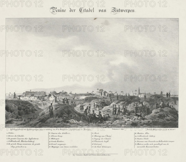 View of the ruins of the Citadel of Antwerp, 1832, Ruin of the Citadel of Antwerp, print, after the bombardment and the capture of the citadel on December 23, 1832. At the bottom the legend 1-22., : 'Filed. 1833', printmaker: Gijsbertus Craeyvanger, Netherlands, after drawing by Ferdinand De Braekeleer (I), Antwerp, printer (person): Desguerrois & Co., Amsterdam, publisher: Buffa & Co, Gebroeders, 1833, printer (person), paper, lithography, lithografie, height 338 mm x width 432 mm, This print from 1833 states that the lithograph was made after the painting by Craeyvanger which is owned by A. Rotigni., devastated, ruined place or city (, warfare), permanent fortifications, Battle for the Citadel of Antwerp (1832), Citadel of Antwerp (19th century), Period, 1832-12 - 1833-01, A wide horizontal engraving showing a distant town skyline with low buildings and spires under a large cloudy sky, a foreground of uneven, rocky ground with scattered debris and barrels, groups of uniformed soldier...