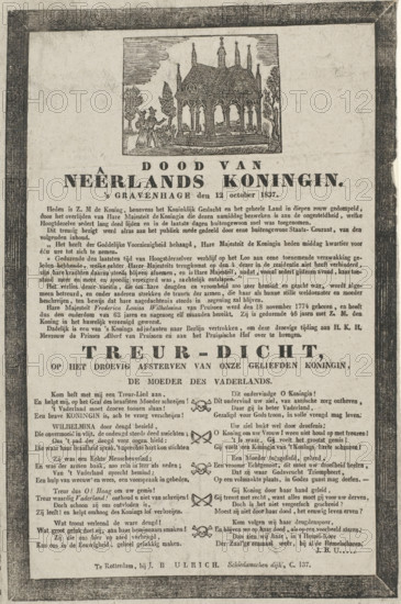 Death of the Queen of the Netherlands. The Hague, October 12, 1837, print, poem, Elegy on the death of Queen Wilhelmina of Prussia, wife of King William I, on October 12, 1827. Description of the death and an elegy in two columns. At the top, an image of a random tomb monument., publisher: Jan Bernardus Ulrich, Rotterdam, 1837-10, writer (clerical worker), paper, letterpress printing, woodcut, text in letterpress with vignette in woodcut, height 340 mm x width 210 mm, Person, Wilhelmina Frederica Louisa (Queen of the Netherlands), grave-building, monumental tomb, mourning card, death notice, obituary, Period, 1837-10-12, A vertically oriented printed broadside with a dark rectangular border surrounding a large block of text and a woodcut illustration near the top showing a small ornate pavilion with arched openings flanked by trees and a pair of standing figures nearby; below the illustration a bold headline in large capital letters spans the width, followed by multiple columns of smal...