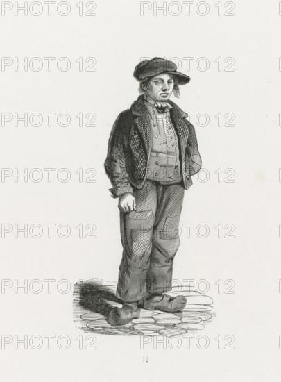 The Street Boy, 1840-1841, print, costume print, The Street Boy. Standing young man. Loose copy of an illustration from: a book with character sketches, professions and traditional costumes of Dutch folk types from 1841. Numbered: 10., printmaker: Henry Brown, Netherlands, 1840 - 1841, paper, wood engraving, height 275 mm x width 182 mm, Used as an illustration in: De Nederlanden : character sketches, traditional costumes, posture and appearance of various social classes : text by the most esteemed writers : with engravings by Henry Brown after drawings by the most prominent Dutch artists. The Hague, 1841., the poor, professional clothes, Period, A black and white line drawing of a standing young person wearing a wide-brimmed cap tilted to one side, a collared shirt with a buttoned vest over it, and a jacket with textured shading; the figure has loose trousers with visible knee patches and large shoes, one hand hanging by the side and the other tucked behind the back, with crosshatched...
