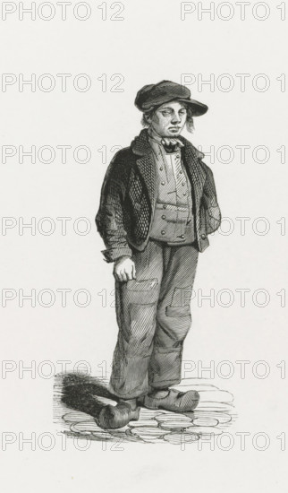 The Street Boy, 1840-1841, print, costume print, Standing young man. Loose copy of an illustration from: a book with character sketches, professions and traditional costumes of Dutch folk types from 1841. Unnumbered., printmaker: Henry Brown, Netherlands, 1840 - 1841, paper, wood engraving, height 275 mm x width 182 mm, Used as illustration in: De Nederlanden : character sketches, traditional costumes, posture and appearance of various social classes : text by the most esteemed writers : with engravings by Henry Brown after drawings by the most prominent Dutch artists. The Hague, 1841., the poor, professional clothes, Period, A monochrome ink illustration of a young person standing on a cobblestone surface, wearing a slouchy cap with a wide brim, a collared shirt with a tied neckerchief, a double-breasted vest, and a textured jacket with turned cuffs, one hand hanging at the side and the other tucked into a jacket pocket. The trousers are loose with visible patch seams and creases, and...