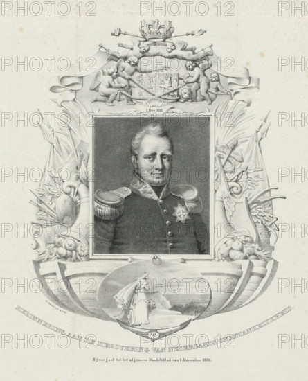 Commemoration of the regaining of Dutch independence. Supplement to the Algemeen Handelsblad of December 1, 1838, print, Portrait of King William I within an allegorical frame resting on a ship's crown. At the bottom of the frame, a medallion with the Dutch Maiden looking upon a sunrise. On the occasion of the twenty-fifth anniversary of the reign of King William I, December 1, 1813-1838., printmaker: Michel Mourot, Netherlands, after design by Michel Mourot, publisher: Algemeen Handelsblad, Amsterdam, 1838-12-01, Michel Mourot, Algemeen Handelsblad, printmaker, after design by, publisher, paper, lithography, height 315 mm x width 269 mm, Person, William I of the Netherlands, personifications of countries, nations, states, districts, Period, A framed black and white portrait of a man in a military uniform with epaulettes and a star-shaped medal is centered within an ornate decorative composition featuring cherubs and a crowned coat of arms at the top, with flowing ribbons and a reclini...