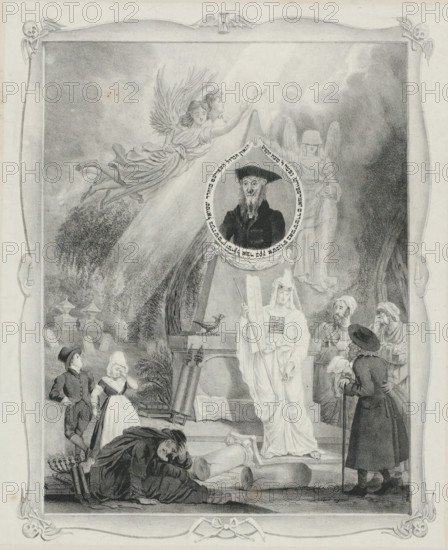 Mourning print on the death of Rabbi Samuel Berenstein, 1838, print, Mourning print on the death of Amsterdam Rabbi Samuel Berisch Berenstein, December 21, 1838. Allegorical tomb monument bearing a portrait of the rabbi. In the clouds, several angels. In front of the grave, a personification of the Jewish (Synagogue) faith with the tablets of the law; on the ground to the left, a grieving scribe. With two verses in Dutch and Hebrew., : 'The above drawing was printed at my lithographic printing house in Amsterdam on January 9, 1839 M. Dessauer, Presented to the Municipal Government of this city, by the undersigned as publisher of this plate in compliance with Art. 6 of the law of 1817. Ams. den 9 Yes: 1839 Belinfante & de Vita.', printmaker: Morris Jacob Dessaur (possibly), Amsterdam, publisher: Belinfante & De Vita, writer (clerical worker): Isaac Marcus Calisch, 1838-01-09, printer (person), writer (clerical worker), paper, chine collé, lithography, letterpress printing, with texts in...