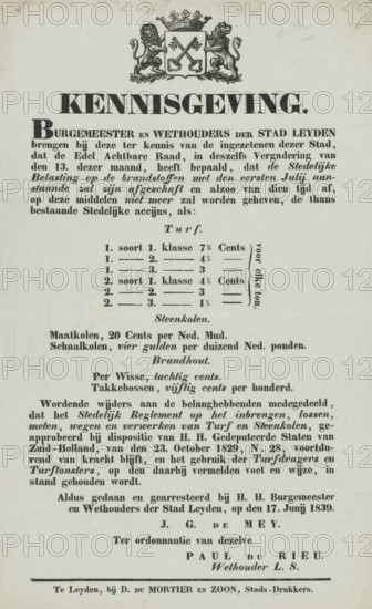 Notice from the City of Leiden, 1839, text sheet, Notice from the City of Leiden regarding the abolition of the municipal tax on fuels as of July 1, 1839. At the top a vignette with the city coat of arms., printer (person): Du Mortier & Zoon, David, Leiden, 1839-06-27, printer (person), paper, letterpress printing, woodcut vignette with text in letterpress, height 340 mm x width 215 mm, Person, City of Leiden, Period, 1839-06 - 1839-07, A vertical printed page with a crest at the top showing a shield held by two lions beneath a crown, followed by large bold heading text and several paragraphs of smaller printed text in various fonts and sizes; a centered section includes tabular-like rows with short horizontal lines and dotted elements, and lower down are more blocks of text with a thicker horizontal rule near the bottom and a short line of printed text at the very base.