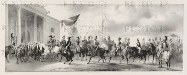 Entry of H.M. into the Willemspoort in Amsterdam, on 27 November 1840, print, Entry of King William II at the newly completed Willemspoort in Amsterdam on 27 November 1840. The King on horseback is welcomed by the mayor and councilors of the city. The King's entourage is also on horseback, with the carriage carrying the Queen at the rear of the procession. See also the pendant., printmaker: Carel Christiaan Antony Last, Netherlands, after drawing by Reinier Craeyvanger, printer (person): Hilmar Johannes Backer, 1841, Carel Christiaan Antony Last, Reinier Craeyvanger, Hilmar Johannes Backer, printmaker, after drawing by, printer (person), paper, lithography, lithografie, height 230 mm x width 450 mm, Used as illustration in: G. Engelberts Gerrits, Gedenkboek der inhuldiging van ZM Willem II. Haarlem: Kruseman and Leiden: Van der Pauw, 1841., Person, William II of the Netherlands, Inhuldiging van Willem II als koning der Nederlanden, Amsterdam, Willemspoort (Amsterdam), Period, 1840-11-2...