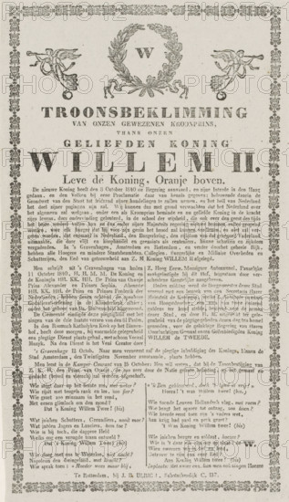 Ascension to the throne of our former Crown Prince, now our beloved King William II, Song of joy for the inauguration of King William II, 1840, text sheet, Sheet with the description of the inauguration of King William II in the Nieuwe Kerk in Amsterdam on November 28, 1840. At the bottom, a song of joy for the new monarch in five verses. At the top, the letter W within a wreath of leaves with Fame blowing her trumpet on either side., publisher: Jan Bernardus Ulrich, Rotterdam, paper, letterpress printing, woodcut, text and ornaments in letterpress with woodcut vignettes, height 320 mm x width 187 mm, Person, William II of the Netherlands, other forms of installation, Inauguration of William II as King of the Netherlands, Amsterdam, Nieuwe Kerk (Amsterdam), Period, 1840-11-28, A single aged printed sheet with decorative border and ornate header featuring a laurel wreath flanked by two winged figures blowing long trumpets, large bold display type beneath the wreath, and dense columns of...