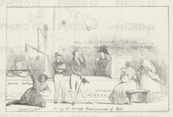 Caricature of the exhibition of living masters in The Hague, 1839, De Nieuwe Haagsche Winkel, cartoon, print, Caricature of the exhibition of paintings by living masters in The Hague in 1839. The award-winning works turned out to be mostly by Brabant artists and, according to rumors, already owned before the exhibition by Baron de Ceva, aide-de-camp to Prince Frederik and member of the exhibition committee. Behind a counter stands De Ceva with a painting he is showing to an interested customer. On the ground to the left, a desperate Dutch painter is pulling on a scale in vain; two Brabant painters look on amused, one with bags of money in his arms. On the back wall hang medal-winning paintings by Eeckhout and Wappers, among others., printmaker, Netherlands, paper, lithography, height 225 mm x width 327 mm, Person, Alexander Pierre Philip Cornelis Robert de Ceva, Gustave Wappers, Jacob Joseph Eeckhout, picture, painting, art collection, art gallery, exhibition, show, The Hague, Period, ...