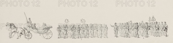 Plate 10. - Fig. 1, 4 Veterans, Decorated with the East Indian Cross, The band of the Amsterdam Militia, Historical costumed procession in Amsterdam on the 25th anniversary of the reign of King William III in 1874 (plate 10), Historical and Allegorical Procession in Amsterdam. May 12, 1874, print, Plate no. 10 with the part of the procession featuring a carriage with veterans from 1813-1815, a group of East Indian Cross bearers, and a band of the Amsterdam Militia. Part of a series of 24 plates of the costumed historical and allegorical procession held in Amsterdam on May 12, as part of the festivities during the celebration of the 25th anniversary of the reign of King William III., printmaker, publisher, printer (person), Amsterdam, Netherlands, paper, lithography, lithografie, height 115 mm x width 365 mm, The 'title on object' is taken from the text sheet with the explanation of the plates., Person, William III (King of the Netherlands), Vereeniging het Indische Kruis, military musi...