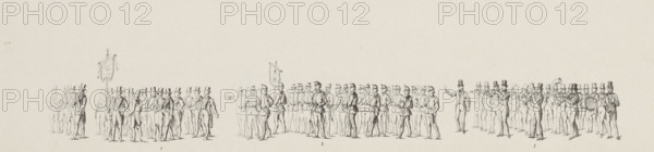 Plate 12. - Fig. 1. The Citadel of Antwerp Association under the motto 'Whatever falls, Loyalty stands firm', the Non-Commissioned Officers' Association 'Het Eereteeken', The Amstels Harmonie-Kapel Music Corps, Historical costumed procession in Amsterdam on the occasion of the 25th anniversary of King William III's reign in 1874 (plate 12), Historical and Allegorical Procession in Amsterdam. May 12, 1874, print, Plate no. 12 with the part of the procession featuring two military associations and a music corps. Part of a series of 24 plates of the costumed historical and allegorical procession held in Amsterdam on May 12, as part of the festivities during the celebration of the 25th anniversary of the reign of King William III., printmaker, publisher, printer (person), Amsterdam, Netherlands, paper, lithography, lithografie, height 115 mm x width 365 mm, The 'title on object' is taken from the text sheet with the explanation of the plates., Person, William III (King of the Netherlands),...
