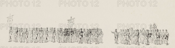 Plate 22. - Fig. 1. The Neêrlands Werkman Association, the Neêrlands Werkman Choral Society, the Music Corps of the Haarlem Militia, Historical costumed procession in Amsterdam on the occasion of the 25th anniversary of the reign of King William III in 1874 (plate 22), Historical and Allegorical Procession in Amsterdam. May 12, 1874, print, Plate no. 22 with the part of the procession featuring members of the Neêrlands Werkman Association and a music corps of the Haarlem Militia. Part of a series of 24 plates of the costumed historical and allegorical procession held in Amsterdam on May 12, as part of the festivities during the celebration of the 25th anniversary of the reign of King William III., printmaker, publisher, printer (person), Amsterdam, Netherlands, paper, lithography, lithografie, height 115 mm x width 365 mm, The 'title on object' is taken from the text sheet with the explanation of the plates., Person, William III (King of the Netherlands), modern professional organizati...