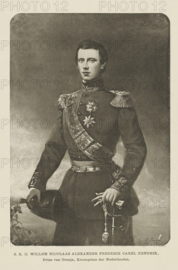 Portrait of William, Prince of the Netherlands, photomechanical print, Portrait of William. A line of Dutch text in the top margin. In the bottom margin are the name and titles., cliché maker: Emrik & Binger, Haarlem, after painting by Nicolaas Pieneman, publisher: Cohen, E. & M., Nijmegen, Arnhem, 1860 - 1903, photographer, paper, collotype, photoprint, height 237 mm x width 167 mm, The title mentioned here refers to the highest title obtained by the person portrayed, not necessarily to the title that the person portrayed bears in this performance., Person, Willem (Prince of the Netherlands), A monochrome portrait of a young man standing and facing forward, wearing a dark formal military-style uniform with decorative epaulettes, embroidered cuffs, and a high collar; a broad ornate sash crosses his chest and a star-shaped medal is pinned on his left side; he holds a plumed hat in one hand and a ceremonial sword with tassel in the other, and his expression is neutral with short dark hai...