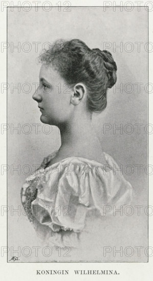 Portrait of Wilhelmina, Queen of the Netherlands, photomechanical print, Portrait of Wilhelmina. Her name and title in the lower margin., photographer: Adolphe Zimmermans, cliché maker: anonymous, Netherlands, 1897 - 1899, paper, autotype, height 166 mm x width 97 mm, The title mentioned here refers to the highest title obtained by the sitter, not necessarily to the title the sitter bears in this image., Person, Wilhelmina of the Netherlands, A grayscale portrait of a young woman shown in profile facing left, with hair pulled back into a braided bun and short curls at the front, wearing a light, loosely gathered off-the-shoulder garment with visible folds and lace detail at the neckline, set against a lightly textured pale background and framed by a narrow border.
