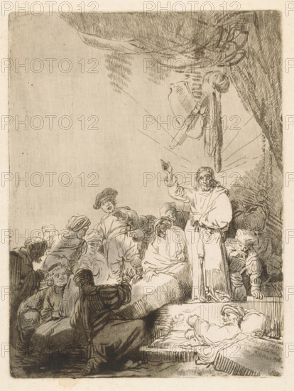 Raising of Lazarus, print, printmaker: Johann Daniel Laurentz, Germany (possibly), after drawing by Christian Wilhelm Ernst Dietrich, 1763, paint (coating), paper, watercolor (paint), etching, intaglio printmaking technique, brush, background in plate tone, figures with brush in shades of gray, height 266 mm x width 199 mm, curtains, the raising of Lazarus ('Lazarus, come out'), weeping, A detailed etching shows a central robed figure standing with one arm raised and a halo of radiating lines around the head, surrounded by a crowd of seated and standing people in varied garments and headwear, many turning toward the central figure with expressive faces and gestures; above them a suspended bundle of objects and draped fabric hangs from an upper edge, and in a lower corner a reclining figure rests on a mattress or bench while others crowd nearby, all rendered in fine hatched lines and sepia tones against a blank upper background.