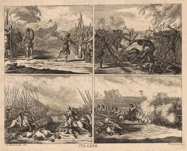 Four performances about the history of warfare, print, book illustration, With caption: Tab. LXVII., printmaker: Gustav Georg Endner, Leipzig, after design by Daniel Nikolaus Chodowiecki, 1774, Saxony, paper, etching, height 187 mm x width 230 mm, An aged print divided into four rectangular panels arranged in a grid, each panel containing detailed line engravings of battle scenes and landscapes; the upper left panel shows a rocky shoreline with groups of armored soldiers holding long spears and shields, a central figure in armor and a helmet standing forward, and clustered trees and clouds in the background; the upper right panel depicts dark-skinned figures with bows and arrows engaged in combat, several figures bending over fallen bodies, a watery shore and distant vegetation beyond; the lower left panel displays ranks of soldiers with long pikes held upright, mounted riders in the foreground, fallen horses and men on the ground, and an open sky with sweeping cloud lines above; the l...