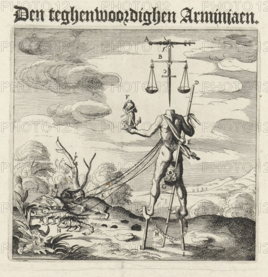 Caricature of the Arminians, The Present Arminian, cartoon, print, Caricature of the Arminians (Remonstrants). A decapitated man walks with his head between his legs, with chained legs on crutches and guided by a scorpion, lobster, bat, and mole. Above the neck are symbols of worldly justice. Printed on the sheet below the plate is a verse and the legend AN in 2 columns in Dutch., printmaker: Claes Jansz. Visscher (II), publisher: Cornelis Willemsz Blaeu-Laken, Amsterdam, writer (clerical worker): David Ronsaeus, 1623, writer (clerical worker), paper, etching, letterpress printing, etching with letterpress text, height 346 mm x width 283 mm, landscapes, violent death, being killed, being mishandled and maltreated, seeking death, A monochrome engraved scene framed by a rectangular border shows a partially nude figure standing on tall stilts that are chained near their base, the figure holding a long pole and balancing a smaller sculpted figure on an outstretched hand; a pair of hanging ...
