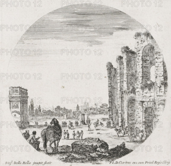 Landscape with the Colosseum and the Arch of Constantine, Landscapes and ruins in Rome, Paysages et ruines de Rome, print, A landscape with part of the Colosseum on the right and the Arch of Constantine on the left. Men with horses are busy between the monuments. In the foreground a block with the letters SPQR on it and in the background the Roman Forum (at that time still called the Campo Vaccino)., printmaker: Stefano della Bella, publisher: François Langlois, France, 1620 - 1664, unknown, grantor of privilege, paper, etching, height 130 mm x width 132 mm, A circular etching showing a landscape with a ruined stone archway and tall crumbling walls on the right, detailed vertical stone textures and small tufts of vegetation on the masonry, and a distant horizontal tree line and small buildings in the middle ground; in the foreground a large animal viewed from behind standing near two seated figures, nearby groups of small human figures walking and conversing across an open plain, a few...