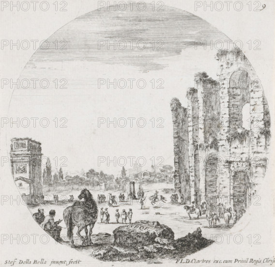 Landscape with the Colosseum and the Arch of Constantine, Landscapes and ruins in Rome, Paysages et ruines de Rome, print, Series number, 9, 13, A landscape with part of the Colosseum on the right and the Arch of Constantine on the left. Men with horses are busy between the monuments. In the foreground a block with the letters SPQR on it and in the background the Forum Romanum (at that time still called the Campo Vaccino)., printmaker: Stefano della Bella, publisher: François Langlois, France, dedicated to: Antonio Le Charon, 1620 - 1664, unknown, grantor of privilege, paper, etching, height 127 mm x width 131 mm, A circular etching showing a wide open scene with a ruined arched stone structure on the right covered in vegetation and a tall ornate column fragment on the left, a flat foreground with textured rock formations and low grassy mounds, groups of small human figures walking and standing across the middle ground, a large animal seen from behind near the foreground, scattered rid...