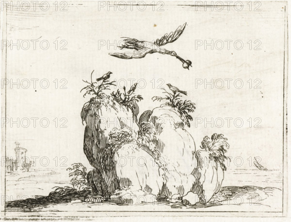 Crane with a stone in its beak, Monastic life in emblems, print, cognizance, Representation of a crane with a stone in its beak, flying over a rock on which three small birds are sitting. This sheet is part of the emblem series 'Monastic life in emblems'. The second state of this series comprises, in addition to an illustrated title page and 26 emblems, a title page and a dedication sheet, both in letterpress without illustration., printmaker: Jacques Callot, Nancy, 1621 - 1635, paper, etching, height 61 mm x width 82 mm, shore-birds and wading-birds: crane, A monochrome ink drawing showing a rocky shoreline with rounded, textured rock formations topped with tufts of grass and small plants, several small birds perched on the vegetation, and a larger bird in flight above carrying an object in its beak, all set against a pale, minimally detailed background with faint horizon and a small distant structure at the far left.