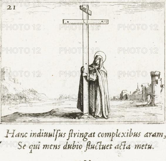 Female saint at the cross, Haeret pede firmo, Elle demeure icy d'un pied ferme arrestée, Monastic life in emblems, print, cognizance, Series number, 21, 27, Representation of a female saint embracing the cross on which Christ died. Above and below this print are Latin and French texts in letterpress. This sheet is part of the emblem series 'Monastic life in emblems'. The second edition of this series contains, in addition to an illustrated title page and 26 emblems, a title page and a sheet with dedication, both in letterpress without image., printmaker: Jacques Callot, Nancy, after design by Jacques Callot, publisher: François Langlois, Paris, 1621 - 1635, 1646, Jacques Callot, François Langlois, printmaker, publisher, paper, etching, letterpress printing, etching and letterpress printing, height 62 mm x width 82 mm, height 143 mm x width 109 mm, female saints, the empty cross(es), A monochrome line drawing shows a robed figure standing on a shoreline, holding a tall cross that extend...