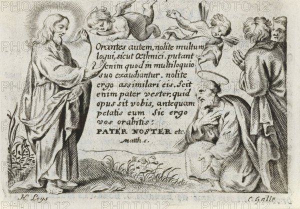 Christ teaching the disciples, print, prayer card, Christ stands in a landscape and makes a speaking gesture. On the right, two disciples listening to him. In the center, two angels hold a cloth with a Latin Bible verse from Matt. 6. On the verso, a prayer card for Maria Calff, who died in Zwaluwe in 1835., printmaker: Cornelis Galle (II), Antwerp, publisher: Henri Leys (baron), 1638 - 1678, 1835, paper, engraving, letterpress printing, engraving with text in letterpress on the verso, height 65 mm x width 88 mm, Christ preaching in the open, A black and white engraving showing a robed standing figure with long hair and a haloed head on the left, hands raised toward a central scroll held aloft by two winged cherubs; the scroll contains lines of dense script. On the right, a seated bearded figure with a halo touches his chest while looking toward the standing figure, and behind him stand two robed figures with their hands raised in a gesture of attention. The scene sits on a textured gro...