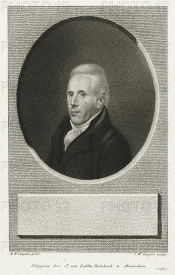 Portrait of Jan Konijnenburg, print, Round portrait of Jan Konijnenburg, minister and professor at the Remonstrant Seminary in Amsterdam. Bust facing left. Konijnenburg is wearing a black coat with a high collar., inscription: 'Proof print', printmaker: Jan Willem Caspari, Amsterdam, after painting by Hendrik Willem Caspari, publisher:, 1789 - 1822, publisher, paper, etching, stippelwerk, proof print, height 199 mm x width 133 mm, Person, Jan Konijnenburg, An engraved portrait of a man shown from the chest up inside an oval vignette, with light-colored short hair and a serious facial expression, wearing a dark coat with wide lapels and a high-collared white shirt with visible folds at the neck, set against a densely stippled dark background and surrounded by a rectangular textured border with a blank rectangular cartouche area below the oval.