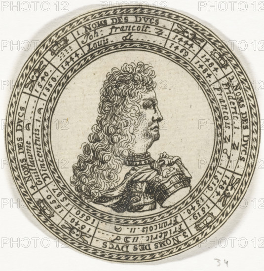 Coin with the portrait of Ferdinand Charles III and the names of the Dukes of Mantua, print, Design of a round coin with, in three concentric circles, the names of the Dukes of Mantua and their years of reign, starting with Gianfrancesco I and ending with Duke Vincenzo I. In the center of the coin the portrait of Duke Ferdinand Charles III., number: '35', after design by Nicolas Chevalier, Amsterdam, 1685 - 1708, printmaker, paper, etching, diameter 70 mm, Person, Ferdinand Charles (Duke of Mantua), king, seal (symbol of sovereignty), A circular engraved portrait shows a right-facing bust of a man with long, curly hair and a mustache, wearing ornate armor and a decorative collar; the bust is centered within multiple concentric rings that contain decorative rope-like borders and segmented panels with small pictorial motifs and markings; the paper has a slightly textured, aged appearance with scattered small spots and a faint smudge near the lower right.
