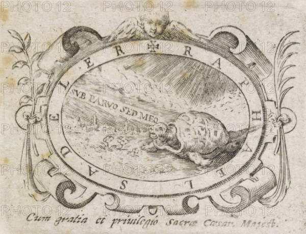 Turtle in an oval frame, print, printer's mark, An oval frame with a turtle in a landscape and the motto: 'sub parvus sed meo'. This is the printer's mark of Raphaël Sadeler., printmaker: Raphaël Sadeler (II), Munich, printer (person): Wilhelm Eder, Ingolstadt, grantor of privilege: Ferdinand II (German Emperor), 1622, printer (person), Bavaria, paper, engraving, letterpress printing, engraving and letterpress printing, height 40 mm x width 54 mm, height 105 mm x width 68 mm, An engraved oval medallion framed by decorative scrollwork and leafy tassels contains a landscape scene with a coastal town in the distance, a cloudy sky with diagonal shading lines, and a large turtle-like creature in the foreground resting on textured ground; a cherubic head and shoulders peek over the top of the frame and ornamental flourishes surround the circular border.