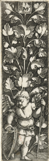 Flat decoration with leaf tendrils, print, ornamental print, At the bottom stands a putto with shield and staff. Hatched background., printmaker: Monogrammist MHF (16th century), Germany (possibly), publisher: anonymous, c. 1500 - 1536, paper, engraving, height 91 mm x width 27 mm, A narrow vertical black and white engraving shows a cherub-like child with wings standing among stylized leafy plants; the figure faces slightly downward with a rounded face and short curly hair, wearing a short tunic cinched at the waist and holding a long slender staff in one hand and a curved shield in the other; large ornate leaves and stems fill the background from top to bottom, rendered with dense crosshatching and white highlights creating a textured dark field behind the foliage; near the top a small rectangular panel contains a two-letter monogram, and the composition is framed by a thin light border.