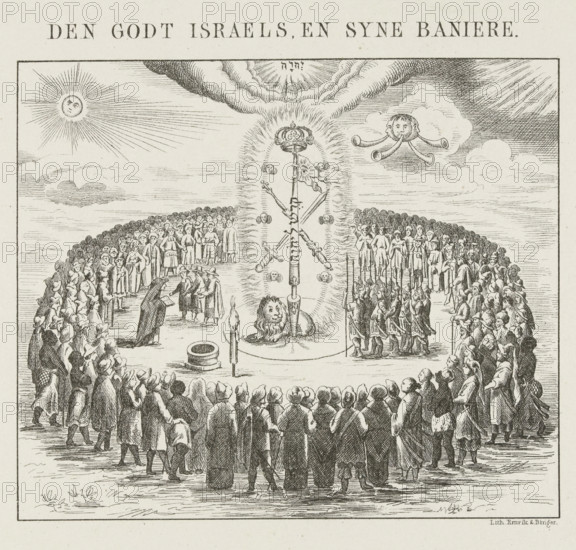 The God of Israel, and His Banners, Mystical allegory of the situation in the year 1673, print, Mystical allegory of the situation in the year 1673. Reproduction of a print from a pamphlet from 1673 in which the Dutch people stand in a circle around a flaming liberty lance with a crown, lion, and a Hebrew inscription., printmaker: Emrik & Binger, Netherlands, 1877 - 1879, paper, lithography, height 236 mm x width 188 mm, Used as an illustration in: JP Arend, General history of the fatherland, continued by O. van Rees, WG Brille and J. van Vloten, Amsterdam, 5 volumes, 1840-1882, vol. 4.2 (1879), p. 96, 97., Person, Christoph Bernhard von Galen, beggar, bagpipe, musette, Rampjaar, Period, 1672-05-30, A detailed black and white engraving shows a large circular gathering of people standing around a central area where a tall ornate staff topped with a crown stands upright, surrounded by a halo-like radiance and small floating round objects; a reclining lion lies at the base of the staff ne...