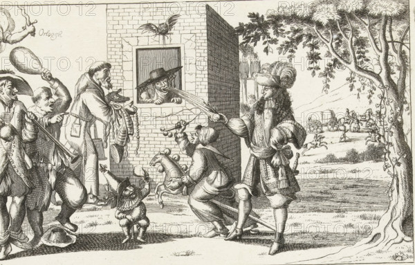 Cardinal von Fürstenberg, awakened from the Dream by the Procession of the Joint Allies, speaks sitting to Bon in the Madhouse, Caricature of Prince Wilhelm von Fürstenberg, 1674, cartoon, print, Caricature of Cardinal Prince Wilhelm von Fürstenberg after the conclusion of peace with England by the Republic on February 19, and the imprisonment of Prince von Fürstenberg on February 16, 1674. The cardinal at the window in a madhouse, outside three madmen, a monk, and the Dutch nobleman offering him an orange. With a satirical verse in 3 columns., printmaker, Northern Netherlands, paper, etching, letterpress printing, etching with text in letterpress, height 414 mm x width 315 mm, Person, William III (Prince of Orange and King of England, Scotland, and Ireland), Wilhelm Egon von Fürstenberg-Heiligenberg, lunatic asylum, mental home, political caricatures and satires, Dutch War, Peace of Westminster (1674), Period, A detailed black and white engraving shows a group of figures in period clo...