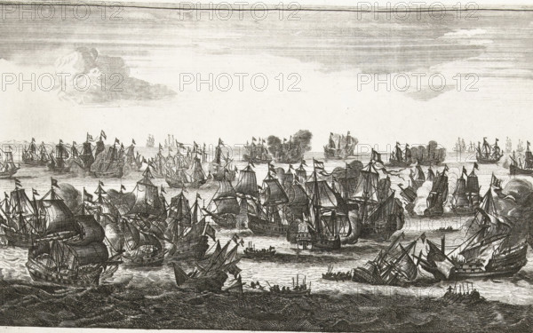 Bloody Sea Battle, occurred between the French and the Dutch, near Messina, on January 8, 1676, Sea Battle at Stromboli, print, Sea Battle at Stromboli on January 8, 1676 between the fleet of the Republic under Michiel Adriaenszoon de Ruyter and a French fleet under Abraham Duquesne. Printed below the plate a text in 2 columns in Dutch., printmaker, publisher, Amsterdam, Northern Netherlands, paper, etching, engraving, letterpress printing, engraving and book printing, height 474 mm x width 285 mm, Person, Michiel Adriaenszoon de Ruyter, Abraham Duquesne, battle (naval force), Battle of Stromboli, Sicily, Period, 1676-01-08, A wide seascape filled with many sailing ships at various distances across the water, their masts and billowing sails detailed with line work and small flags atop many masts; several vessels show smoke or cloud-like puffs near them, and some appear partially damaged or listing; small rowboats with groups of oarsmen move between larger ships; the foreground shows da...