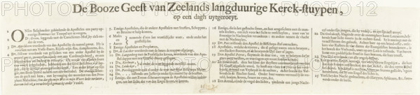 Text sheet accompanying the print about the intervention of Christ in the struggle between the Cocceians and Voetians in Zeeland, 1676, The Evil Spirit of Zeeland's long-lasting Church convulsions, eradicated in one day, print, text sheet, Text sheet accompanying the print about the intervention of Christ in the struggle between the Cocceians and Voetians in Zeeland in 1676. Text with legend 1-25 in 4 columns., inscription: '1679. 7, 17', printmaker, Northern Netherlands, paper, letterpress printing, text in letterpress, height 100 mm x width 460 mm, Person, William III (Prince of Orange and King of England, Scotland, and Ireland), Zeeland, Period, A wide horizontal printed sheet with a large decorative header across the top and dense columns of small printed lines beneath, featuring a left margin with a large ornate initial-like mark and several small circular markers alongside the first column, all printed in dark ink on a light, slightly aged paper with some small spots and faint cr...