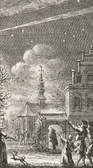 The Comet of 1681, print, historical print, The comet visible in the west of the Netherlands in the winter of 1680-1681., inscription: 'Groote Staart Star. Ao. 1681.', printmaker: Simon Fokke, Northern Netherlands (possibly), 1779 - 1781, paper, etching, proof print before the letter, height 88 mm x width 43 mm, Used as an illustration in: Jacobus Kok, Amsteldamsche jaarboeken, behelzende de merkwaardigste geschiedenissen, welken, zo binnen de stad als daartrent, zijn voorgevallen, sedert haare eerste principes, tot op den hedenen tijd ..., Bijeengebragt door Jacobus Kok, 3 vols., JB Elwe, Amsterdam 1781., comet, Komeet boven Nederland (1680-1681), Netherlands, Period, 1680 - 1681, A detailed black and white etched scene shows a night sky with crosshatched shading and scattered small bright points, a long streak across the upper portion, and layered clouds near the horizon. In the middle ground there are architectural elements including a tall steeple with a pointed top, a building wit...