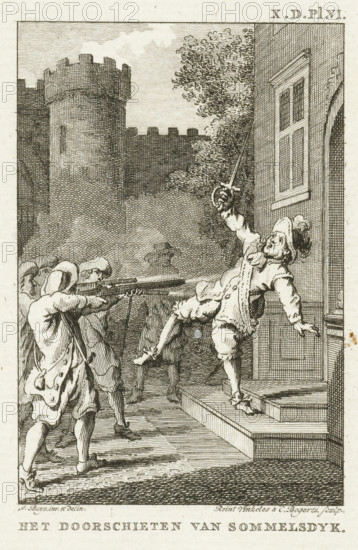 Murder of Cornelis van Aerssen van Sommelsdijk, 1688, The shooting of Sommelsdyk, print, historical print, governor of Suriname, by mutinous soldiers, July 19, 1688., printmaker: Reinier Vinkeles (I), Northern Netherlands, printmaker: Cornelis Bogerts, after drawing by Jacobus Buys, 1780 - 1795, paper, etching, height 128 mm x width 101 mm, Used as illustration in: J. Fokke, Histories of the United Netherlands for the Fatherland Youth, Johannes Allart, Amsterdam 1783-1795, 25 volumes, vol. X, pl. VI., Person, Cornelis van Aerssen jr., violent death, being killed, being mishandled and maltreated, seeking death, murder, Suriname, Period, 1688-07-19, A detailed engraving shows a group of uniformed men aiming long muskets toward a figure on a doorway; the men stand on a wooden floor with their legs braced and wear knee-length coats and hats, some seen from the back. The figure at the doorway leans backward off a small set of steps with one arm flung out and the other raised, holding a swor...