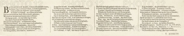 Verse accompanying the allegory on the restoration of the true religion in England with the arrival of the Prince of Orange, 1688, propaganda print, text sheet, Text sheet with a verse in four columns, belonging to the print with the allegory on the restoration of the true religion in England with the arrival of the Prince of Orange, 1688., writer (clerical worker): Thomas Asselijn, Northern Netherlands, 1688 - 1689, writer (clerical worker), paper, letterpress printing, text in letterpress, height 100 mm x width 490 mm, Person, William III (Prince of Orange and King of England, Scotland, and Ireland), Glorious Revolution, Period, A wide, aged sheet of paper with a cream tone and subtle discoloration shows evenly spaced columns of printed serif text arranged across its surface; the leftmost edge has a large decorative initial letter, and there are visible signs of wear such as faint creases, small spots, and uneven shading; the layout includes narrow margins and a clear columnar struct...