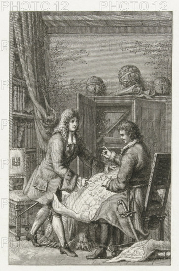 Peter the Great at the shipyard of the Dutch East India Company in Amsterdam, Tsar Peter the Great and Mayor Nicolaes Witsen studying a map, 1697, print, historical print, Tsar Peter the Great and Mayor Nicolaes Witsen in a study studying a map together, 1697., printmaker: Jacob Ernst Marcus, Netherlands, 1814, paper, etching, proof print before the letter, height 236 mm x width 147 mm, Used as illustration in: Jacobus Scheltema, Peter the Great, Emperor of Russia, in Holland and at Zaandam, in 1697 and 1717, Hendrik Gartman, Amsterdam 1814., Person, Peter I the Great (Tsar of Russia), Nicolaes Cornelisz. Witsen, scholar in his study, Visit of Peter the Great to the Netherlands (1697), Amsterdam, Period, 1697-08, An engraved scene shows two men in period clothing inside a room with tall drapery and a bookshelf. One man stands leaning forward with curly hair, a long coat with large cuffs and pockets, stockings and buckled shoes, while the other sits in a chair wearing a fur-trimmed coat...