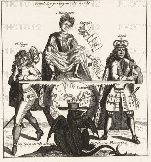 The Great World Divider, Grand Le partageur du monde, 1706, Royal Almanac of 1701, Momus's Pleasure Garden, cartoon, print, Caricature of Louis XIV and Philip V attempting to saw the world in two with a large saw. On top of the globe sits Madame de Maintenon urinating on the saw to lubricate the blade. In the foreground, a devil with a cardinal's hat by Portocarrero. On the sheet below and next to the plate, verses are printed in French and Dutch. Part of a series of 19 caricatures of the French and their allies from the year 1706., printmaker, publisher, Amsterdam, Northern Netherlands, Attributed to, Carel Allard, paper, etching, letterpress printing, etching with text in letterpress, height 321 mm x width 410 mm, Person, Louis XIV (King of France), Luis Manuel Fernandez de Portocarrero, Philip V (King of Spain), Madame de Maintenon, urination, political caricatures and satires, War of Spanish Succession, Period, A detailed black and white etching shows three robed and crowned human ...