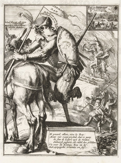 Caricature of the Elector of Bavaria, 1706, The Vervelde Bander-Heer van Beyeren, on stilts, riding as Captain of the Ban and Arrier-Ban, of Luidewyk the beleaguered Angustus, L'Electeur Banni, Ou le Capitaine General du Ban & Arrier-Ban, Royal Almanac of 1701, 't Lusthof van Momus, cartoon, print, Caricature of Maximilian II Emanuel, Elector of Bavaria as an incompetent horseman with a wooden leg climbing onto a horse. On the sheet next to and below the plate, texts in Dutch and French. Part of a series of 19 caricatures, printmaker, publisher, Amsterdam, Northern Netherlands, Attributed to, Carel Allard, paper, etching, letterpress printing, etching with text in letterpress, height 312 mm x width 376 mm, Person, Maximilian II Emmanuel (Elector of Bavaria), political caricatures and satires, crutches, War of Spanish Succession, Period, A detailed black and white engraving showing a mounted figure in elaborate clothing and a plumed hat holding a long lance, with a large shield strapped...