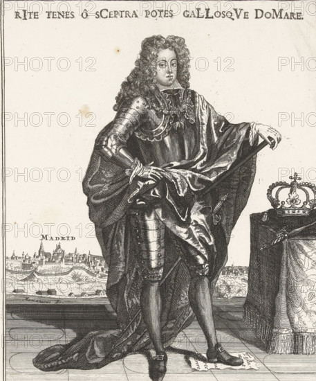 Austria Triumphant at the Court of Spain. Or Entry of King Charles III into Madrid, on June 27, 1706, l'Entrée triomphante du Roy Charles III. à la Cour D'Espagne, Le 27. Juin 1706, Archduke Charles of Austria as King of Spain, Royal Almanac of 1701, 't Lusthof van Momus, print, Archduke Charles of Austria as Charles III, King of Spain, standing full-length in armor with cloak and commander's staff, 1706. In the background Madrid where the king made his entry on June 27. With verses in Dutch and French on the sheet on either side of and below the plate. Part of a series of 19 caricatures of the French and their allies from the year 1706., printmaker, publisher, Amsterdam, Northern Netherlands, Attributed to, Carel Allard, paper, etching, letterpress printing, etching with text in letterpress, height 316 mm x width 405 mm, Person, Charles VI (Holy Roman Emperor), War of Spanish Succession, Madrid, Comunidad de Madrid, Period, 1706-06-27, A black and white engraved image of a standing fi...