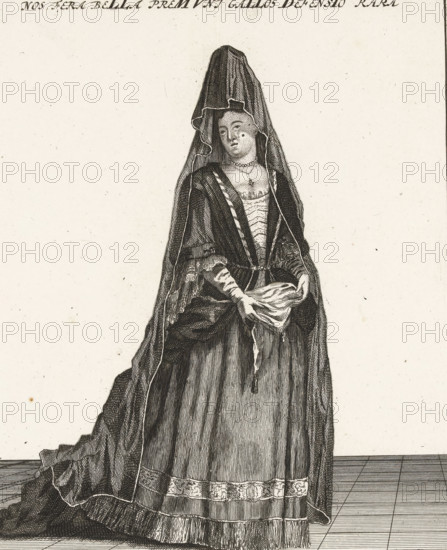Madame de Maintenon as Lamenting France, 1706, The Lamenting France, La France Lamentant, Royal Almanac of 1701, Momus's Pleasure Garden, cartoon, print, standing full-length, dressed as a widow, 1706. With two verses in Dutch in the caption and verses in Dutch and French on the sheet on either side of the plate. Part of a series of 19 caricatures of the French and their allies from the year 1706., printmaker, publisher, Amsterdam, Northern Netherlands, Attributed to, Carel Allard, paper, etching, letterpress printing, etching with text in letterpress, height 322 mm x width 413 mm, Person, Madame de Maintenon, political caricatures and satires, War of Spanish Succession, Period, A monochrome engraved image of a standing woman wearing a long, flowing gown and a tall, draped headdress that falls around her shoulders, her hands holding a folded piece of cloth at waist level; she wears a low-cut bodice with visible trim and a necklace with a pendant, and her sleeves and skirt show detailed...