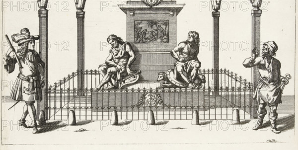 Cartoon of the monument erected in honor of Louis XIV on the Place des Victoires in Paris in 1685, La Vision du Marechal de Sellon en Provence, Night-discourse of the Smit of Sellon in Provence, Vision of the Smit of Sellon, ca. 1701-1713, cartoon, print, Caricature of the monument erected in honor of Louis XIV on the Place des Victoires in Paris in 1685. In the center is the statue of the king, below it two of the four statues of kneeling and chained men, representing the nations conquered by the French, including the Republic. The story beneath the print is about 'the vision of the smith of Sellon'. The blacksmith sees at night how a devil with a bellows blows out the four lanterns surrounding the statue of Louis XIV. On the sheet below the plate, verses in French and Dutch. Part of a group of separate caricatures of Louis XIV during the War of Spanish Succession, ca. 1701-1713., printmaker, publisher, after sculpture by, Northern Netherlands, paper, etching, letterpress printing, et...