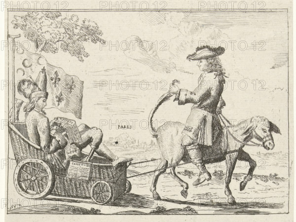 Cartoon on the French loss of Dendermonde, 1706, Pasquin the Posr-ryder, in the Cradle and Marforio on the Blind Donkey, Bringing the Capitulation of Dendermonde to the Allies, cartoon, print, Caricature on the French loss of Dendermonde, capitulated to the Allies on September 5, 1706. Pasquin and Marforio bring the news of the capitulation of Dendermonde to Paris. On the sheet below the plate, a dialogue between the two. Part of a group of individual caricatures of Louis XIV during the War of Spanish Succession, ca. 1701-1713., inscription: '17 9, 10 06', printmaker, publisher, Northern Netherlands, paper, etching, letterpress printing, etching with text in letterpress, height 295 mm x width 163 mm, political caricatures and satires, Capture of Dendermonde (1706), Period, 1706-09-05, A pen-and-ink scene shows a man seated in a small cart pulled by a donkey, the seated figure wearing a tall hat with plumes and a long coat, one leg extended and the hands holding a folded sheet, a large ...